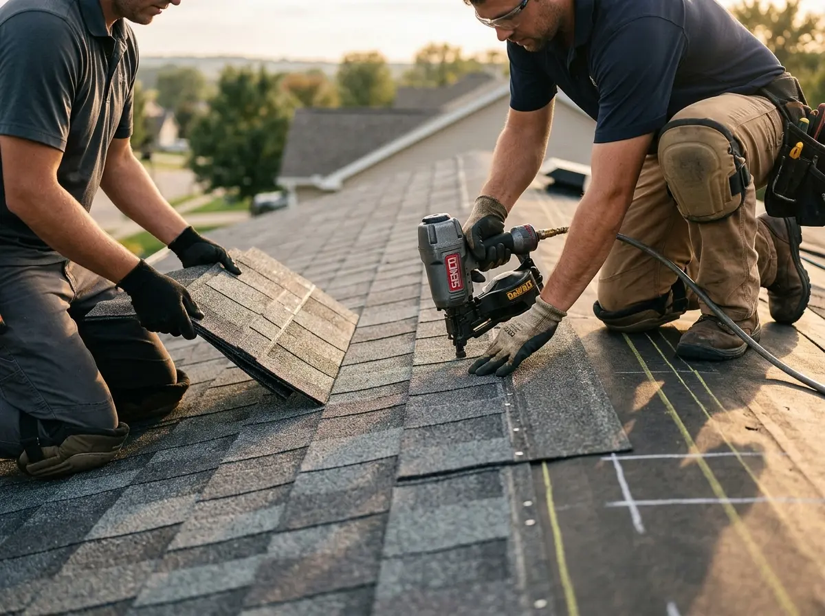 Professional roofer working on a residential roof in Highland Lakes
